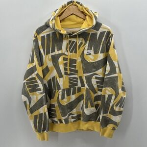 Nike VTG AOP All Over Print Hoodie Sweatshirt Mens XL Yellow Y2K Kangaroo Pocket
